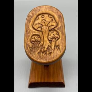 Vintage Wooden Recipe Card Holder with Engraved Mushroom